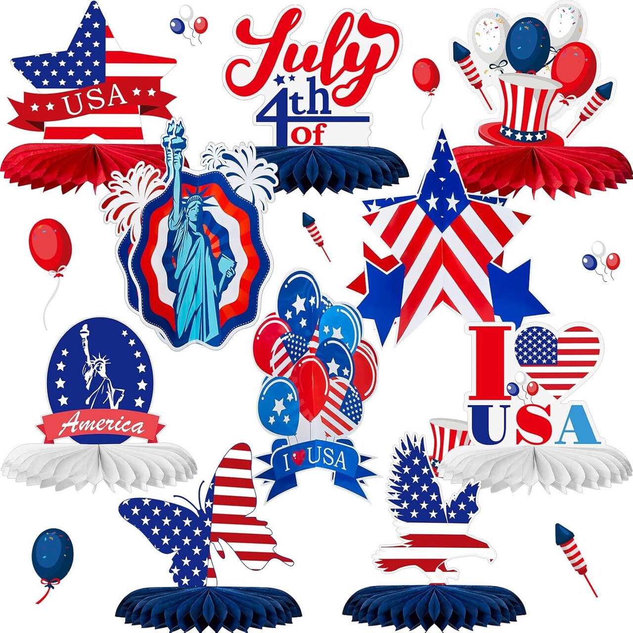 10 Pcs 4th of July Table Decorations 3D Patriotic Honeycomb Table Centerpieces Red Blue White Independence Day Party Decor Fourth of July Party Supplies for Memorial Day Indoor Outdoor Decoration